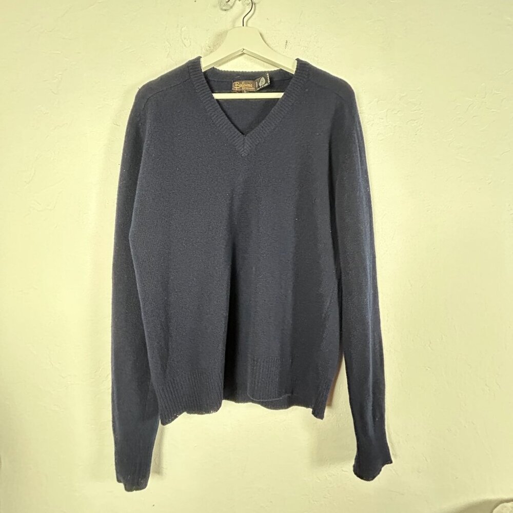 Vintage Buffums California Mens Navy Blue V-Neck Wool Sweater Large Pullover